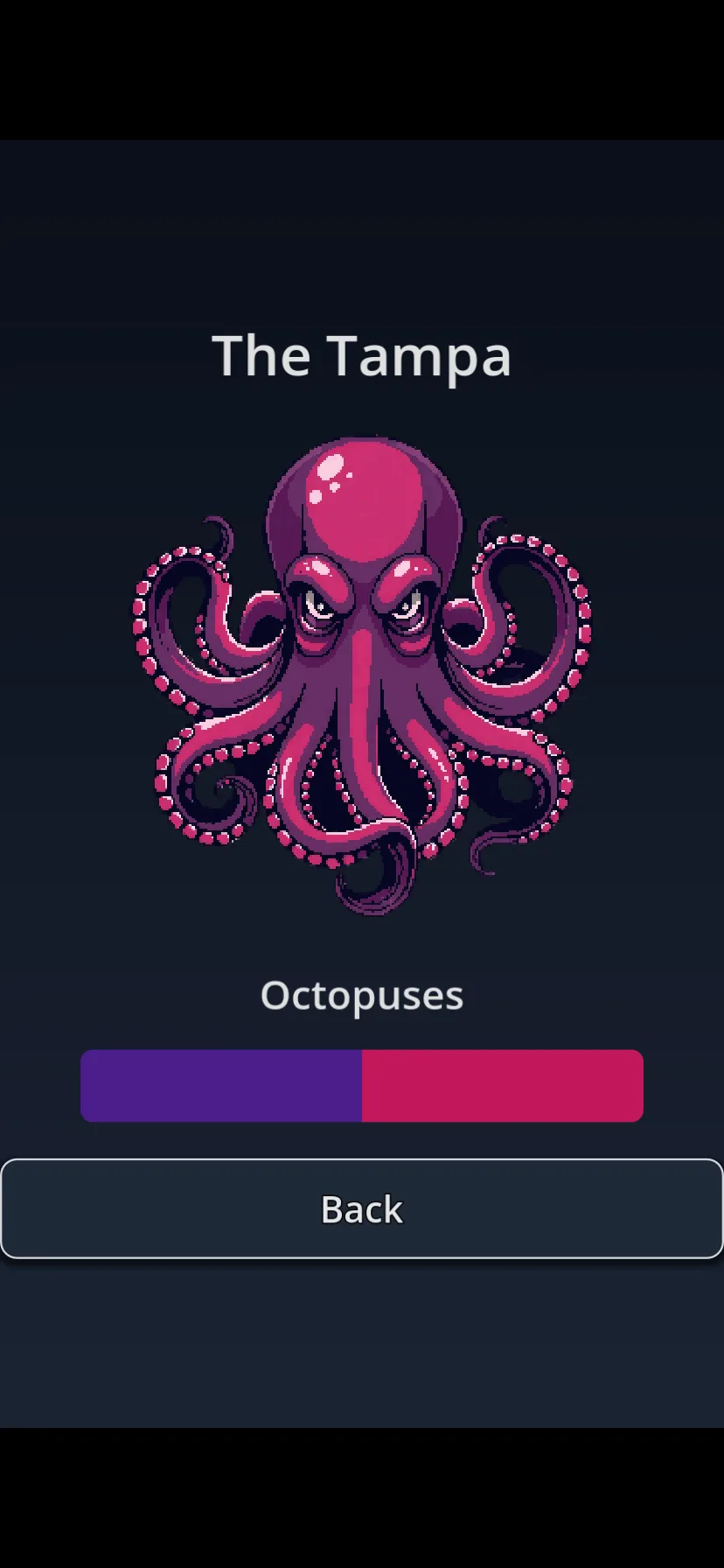 Team select — the Tampa Octopuses mascot with custom team colors