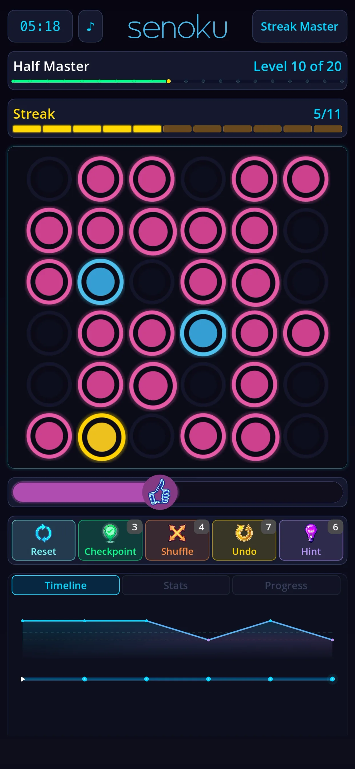 Streak Master mode - Half Master, Level 10 on 6x6 grid