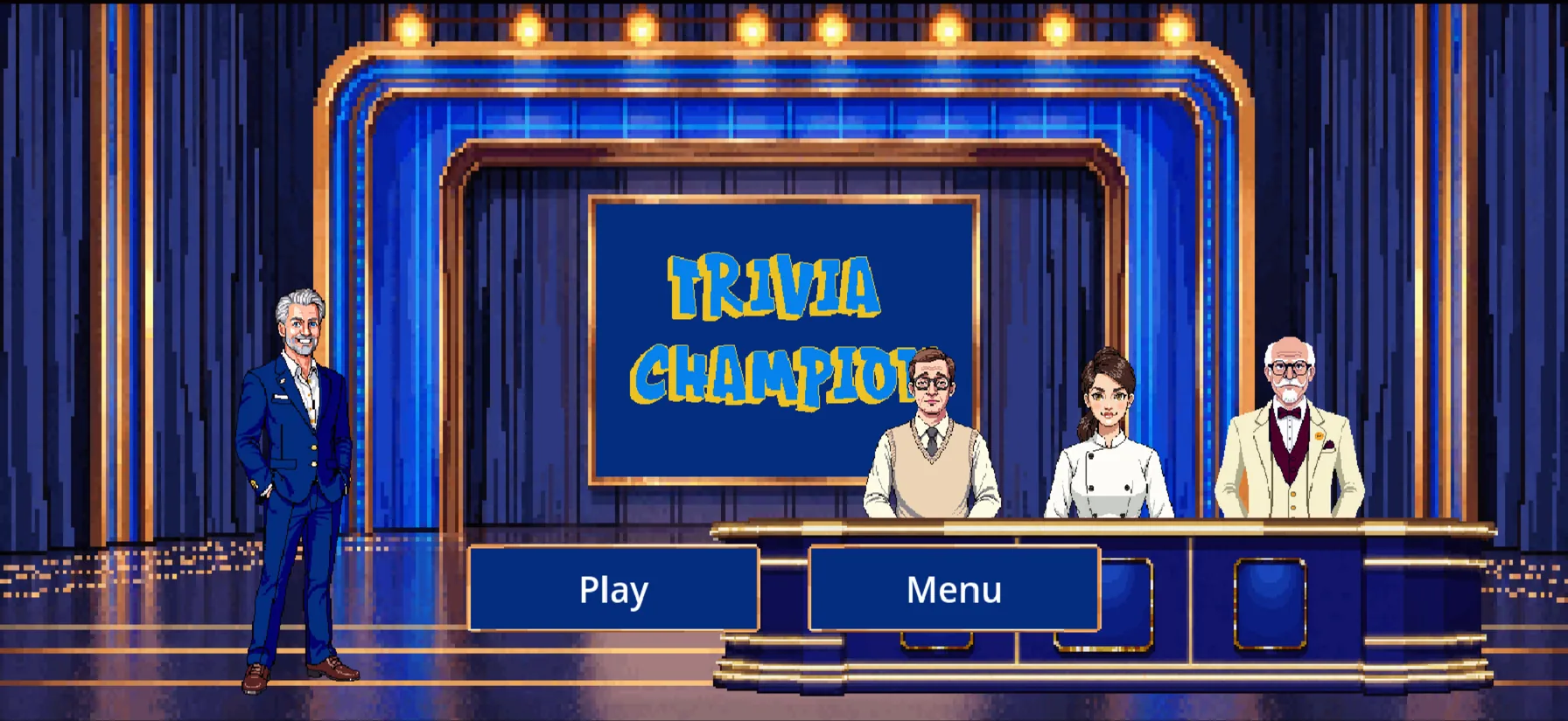 Title screen on the blue and gold studio stage, with the host and three champions at the desk