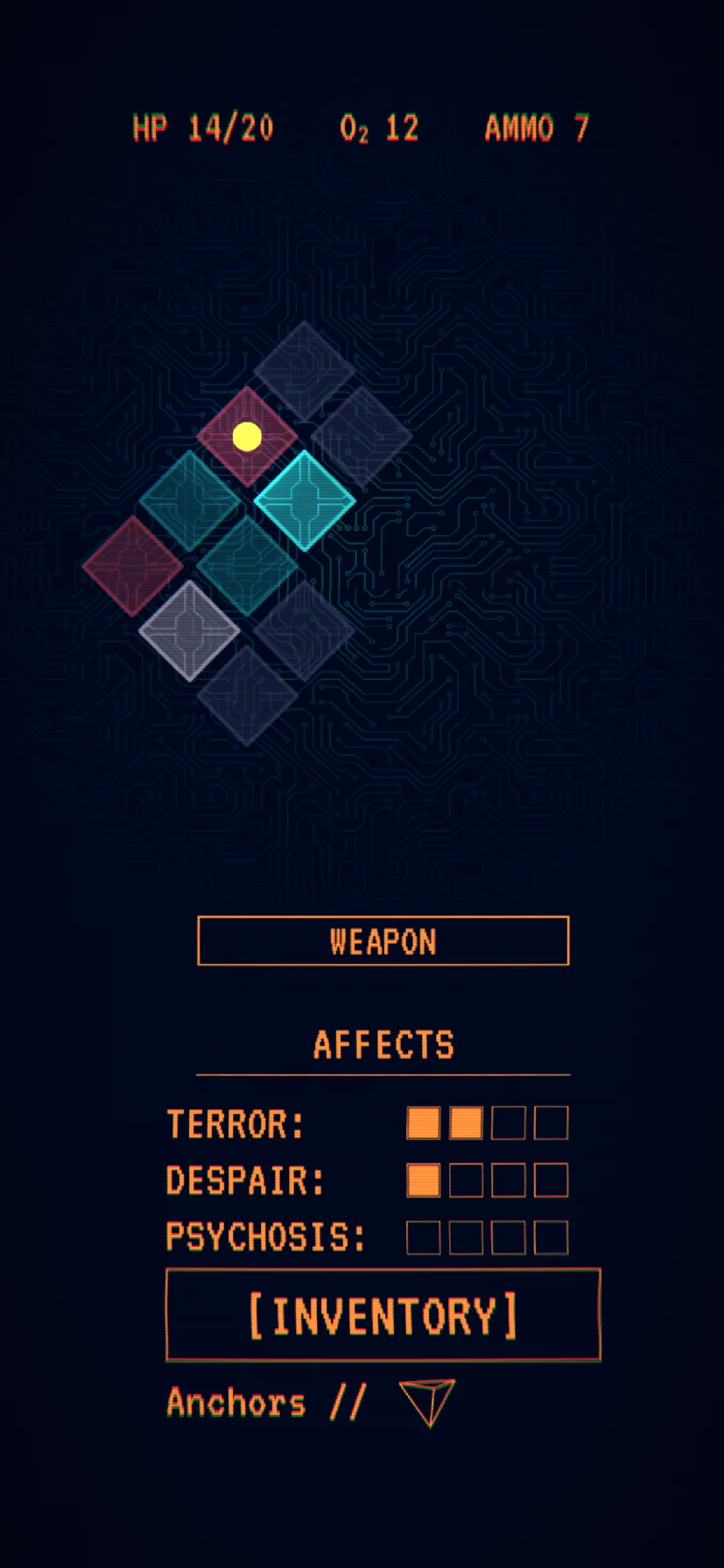 Sector one map: a diamond grid of rooms, most still unexplored, with health, oxygen and ammo across the top