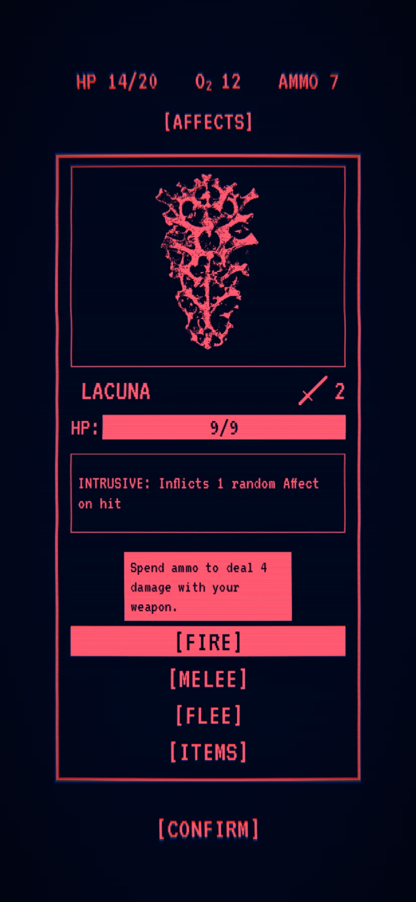 Combat against the Lacuna with the fire option selected, showing the damage the shot will deal